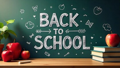 Back to School" banner, Back to School words  on chalkboard background., Back To School Concept With Education And School Symbols On Blackboard, created with generative ai