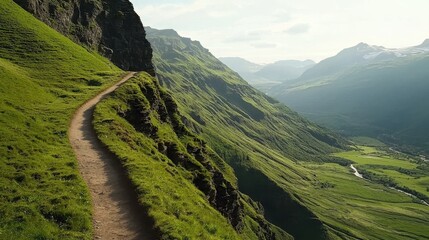 A winding dirt path runs along a lush green mountain ridge overlooking a vast valley with distant peaks under a cloudy sky.