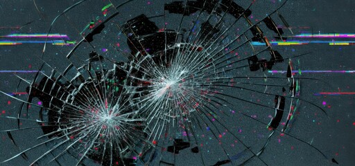 Close-up of double impact shattered LCD television screen with pixel damage, broken glass and visual distortion from electronic device malfunction.