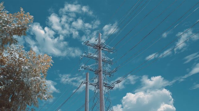 Colorful sky with utility pole and trees