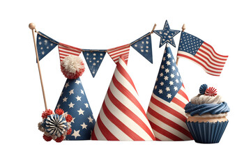4th of July celebrating set: patriotic Party hat, cupcake, USA flag, bunting