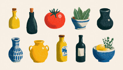 A set of  Mediterranean food and wine, Mediterranean art