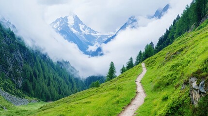 A serene mountain trail winds through lush green meadows, with snow-capped peaks and misty clouds in the background.