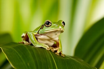 Obraz premium Green frog perched on a leaf nature amphibian