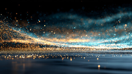 Abstract wave of glowing golden and blue particles on a dark background, evoking a sense of fluid motion and futuristic elegance. Ideal for tech, design, and creative projects.