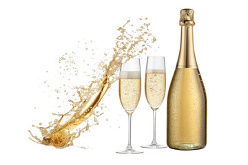 Champagne bottle and two glasses with splash isolated on transparent background