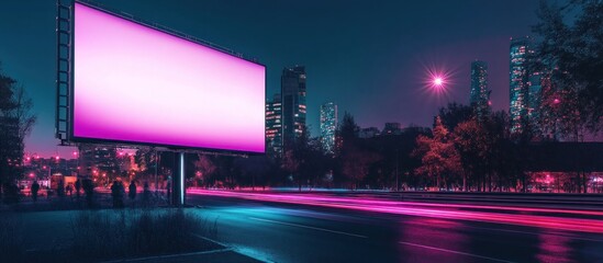 Blank billboard at night, city backdrop, light trails, advertising
