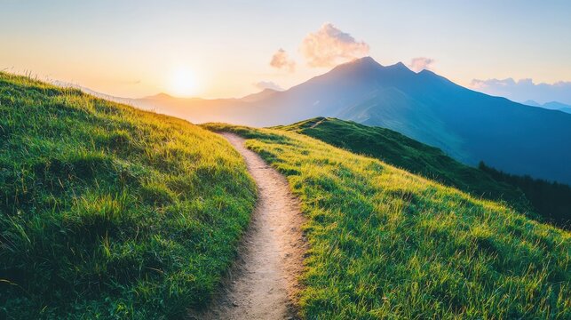 A winding dirt path through green grassy hills leads toward a mountain range under a glowing sunrise sky.
