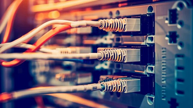 network patch cords and connectors connected to server equipment in a data center, IT industry telecommunications services connections