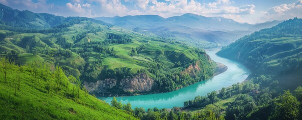 A winding turquoise river flows through lush, green hills and valleys under a partly cloudy sky with distant mountain ranges.