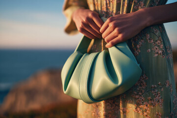 Woman holding stylish mint green leather handbag in floral dress near scenic ocean cliff at golden hour, blending fashion, elegance, and nature.
