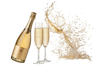 Champagne bottle and two glasses with a splash of champagne isolated on transparent background