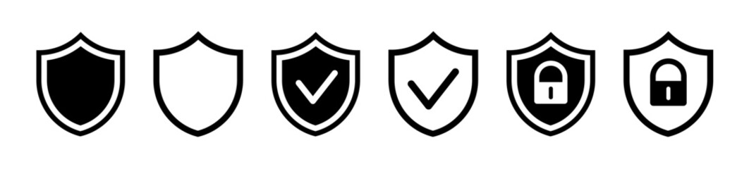 Security shield icons, security shields logotypes with check mark and safe lock. Safety shield symbols