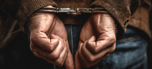 Close-up of adult male hands in handcuffs behind back, symbolizing arrest, crime, punishment, law enforcement, justice, and legal consequences in gritty setting.