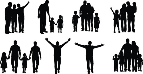 Silhouettes of family scenes, parents with children, bonding, playful moments, group interaction, parenting, care, walking, togetherness, casual poses, human connection, emotional concept