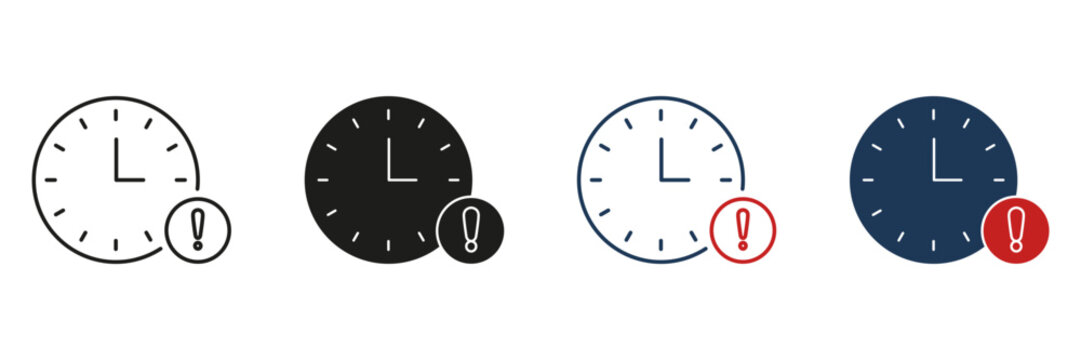 Clock With Exclamation Mark Line And Solid Icon Set. Time Management, Urgency, And Deadline Alert Symbol Collection. Reminder And Notification Concept. Isolated Vector Illustration