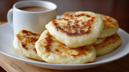 Golden cheese pancakes served on a white plate with a hot drink, creating a cozy and appetizing breakfast scene in warm natural light.