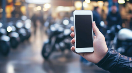 Person holding smartphone with blank screen at motorcycle showroom, suggesting browsing, shopping or navigation in a modern tech-savvy environment.