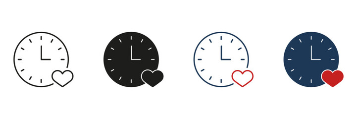 Clock With Heart Line And Solid Icon Set. Time Management And Emotional Connection Symbol Collection. Love And Scheduling Concept. Isolated Vector Illustration