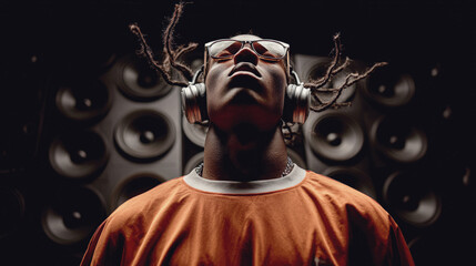 Stylish young Black man with dreadlocks and headphones enjoying loud music, surrounded by powerful speakers, in a dramatic low-angle view with moody lighting.