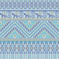 Elegant pixel design in blue and turquoise, featuring ethnic Thai motifs and symmetric tribal structure. Great for ethnic prints and digital projects.