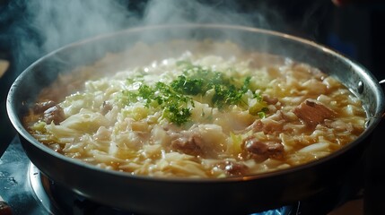 Stewed cabbage with meat in pan