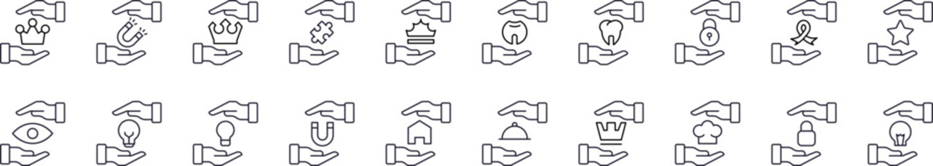 Present, Charity, Gift Related Outline Symbol Set. Contains Icons of Crown, Tooth, Magnet, Lightbulb between Hands for Graphic Design, Web Sites, Cards, Books, Articles