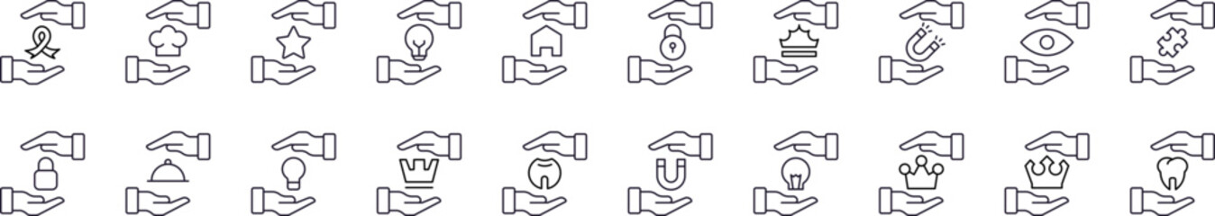 Present, Charity, Gift Related Outline Picture Set. Contains Icons of Crown, Tooth, Magnet, Lightbulb between Hands for Graphic Design, Web Sites, Cards, Books, Articles