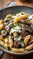 Close-up of creamy penne pasta with grilled beef and parmesan, garnished with fresh herbs, served in a rustic bowl on a wooden table.
