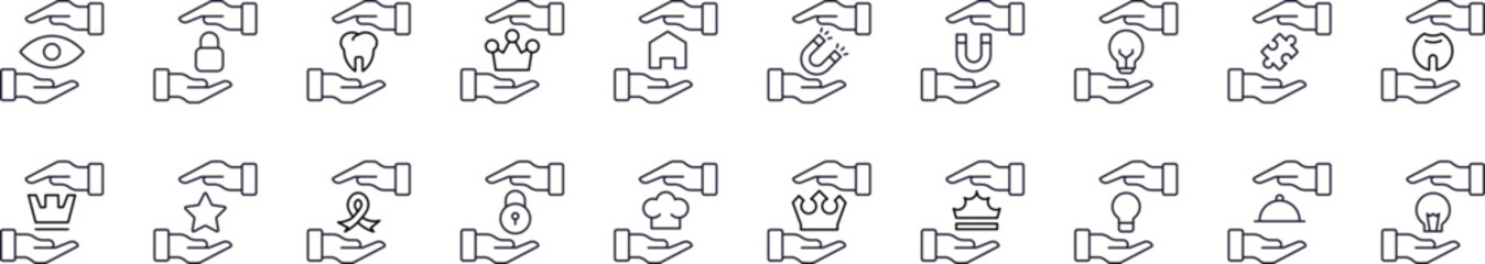 Present, Charity, Gift Related Icon Set. Contains Icons of Crown, Tooth, Magnet, Lightbulb between Hands for Graphic Design, Web Sites, Cards, Books, Articles
