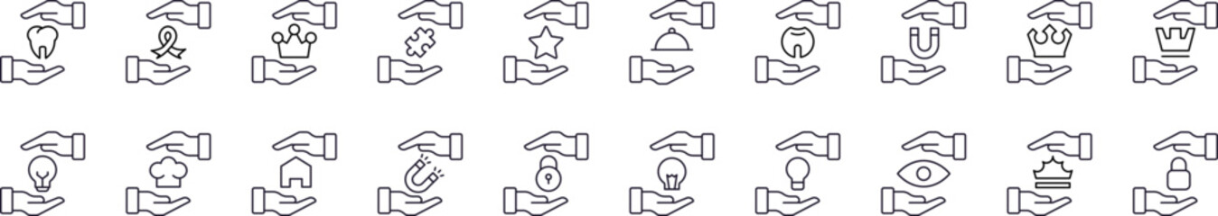 Present, Charity, Gift Related Symbol Set. Contains Icons of Crown, Tooth, Magnet, Lightbulb between Hands for Graphic Design, Web Sites, Cards, Books, Articles