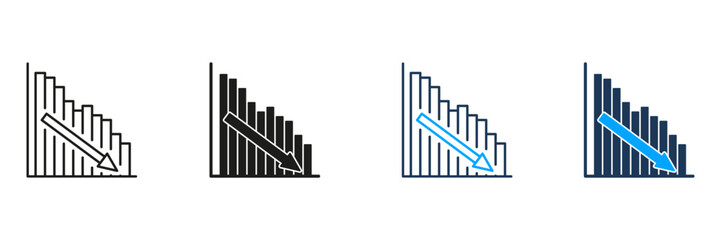 Declining Bar Chart With Downward Arrow Line And Solid Icon Set. Financial Loss, Economic Downturn, And Business Decline Symbol Collection. Risk Assessment. Isolated Vector Illustration