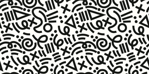 Memphis geometric seamless pattern. Pastel abstract background in retro 80s, 90s style with various shapes: circles, semicircles, dots, zigzags, spirals, wavy lines. Cute kid doodle design