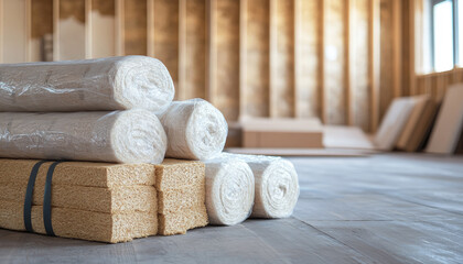 Natural insulation materials stacked on floor inside a house under construction, highlighting eco-friendly building solutions and sustainable architecture practices.