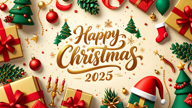 Festive gold lettering Happy Christmas 2025 surrounded by gifts and ornaments VIDEO DWONLOAD