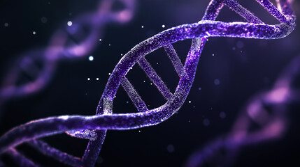 Close-up of a glowing purple DNA strand on a dark background, showcasing molecular structure and detail. Ideal for biotech, research, or educational visuals.