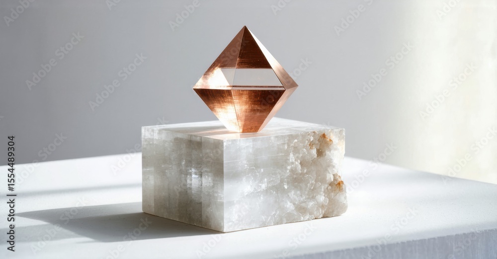 Poster copper pyramid rests atop translucent calcite block. minimalist composition, soft lighting creates s