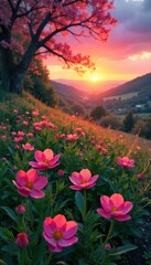 Fototapeta premium A breathtaking sunrise paints the landscape in vibrant pinks and oranges, illuminating dew-kissed flowers and lush greenery Perfect for nature, spring, and idyllic themes , colorful, orange