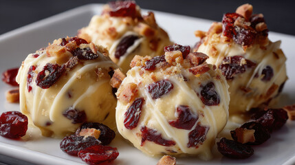 Close-up of white chocolate truffles topped with dried cranberries and nuts on a white plate, showcasing a rich, festive dessert in fine detail.