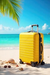 A brightly colored suitcase sits on a sunny beach, ready for adventure Seashells and sunglasses are nearby, suggesting a relaxed and carefree vacation , ocean, seashells, getaway