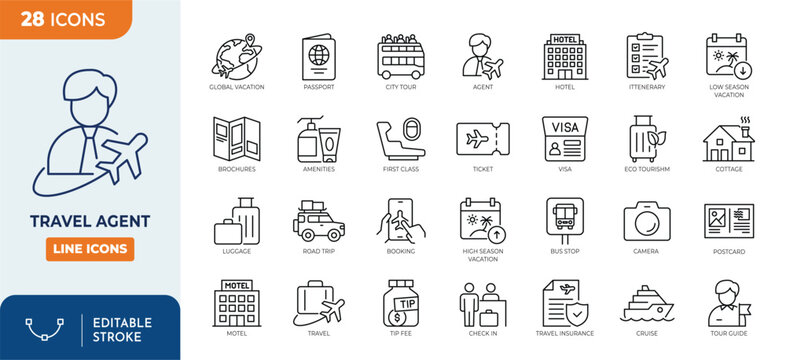 Travel Agent line editable icon set. Containing Vacation, tourism, Booking Services, travel agent, and more. Editable stroke. Vector illustration