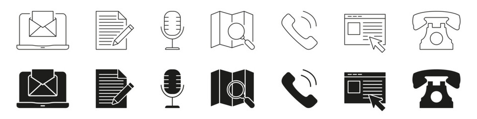 Communication And Media Tools Line And Solid Icon Set. Email, Document, Microphone, Map, Phone, And Webpage Interaction Symbol Collection. Digital Communication. Isolated Vector Illustration