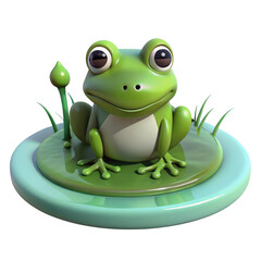 Fototapeta premium Cute 3D green frog character icon, funny toad mascot sculpture on a platform for digital design isolated on Transparent Background