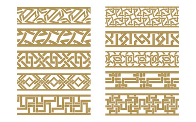 Vector bundle of 10 ribbon-style borders with intricate interlace patterns. Perfect for ethnic frames, graphic dividers and ornamental accents.
