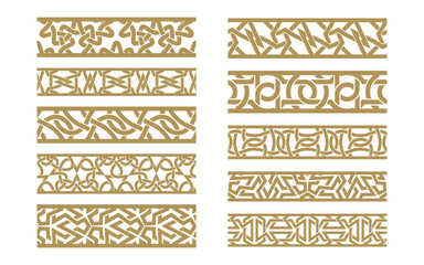 Set of 10 vector ornamental borders with geometric interwoven strips. Decorative seamless frames in ethnic and abstract style. Editable strokes, isolated on white background.