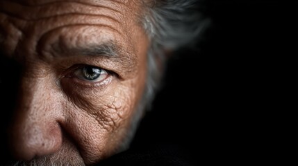Obraz premium A powerful close-up portrait of an elderly man illuminated by soft light, highlighting the deep lines of experience and wisdom reflected in his expressive eyes.