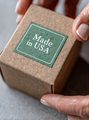 Close-up of hands holding eco-friendly cardboard box with "Made in USA" label, representing local manufacturing, sustainability, and domestic product branding.