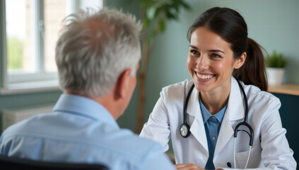 Fototapeta premium Portrait of a young female doctor with elderly patient