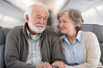 Senior couple sitting closely on airplane seats, sharing a tender moment during travel, symbolizing love, companionship and retirement lifestyle.