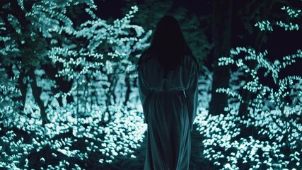 Woman walking into glowing forest of bioluminescent plants at night, concept of fantasy, nature wonder, and immersive digital or surreal visual experience for adventure themes